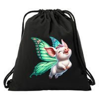 Happy Flying Pig With Butterfly Wings Fly Pig Lovers Drawstring Bag