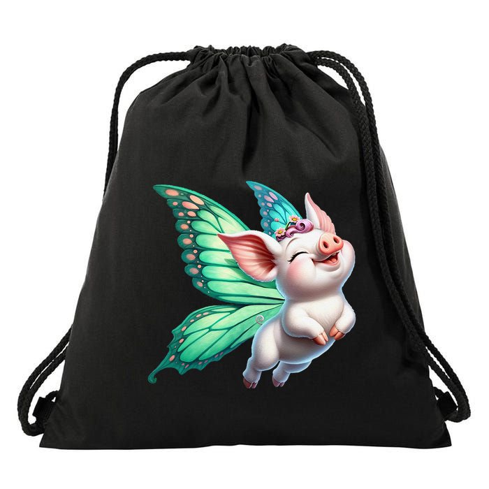 Happy Flying Pig With Butterfly Wings Fly Pig Lovers Drawstring Bag
