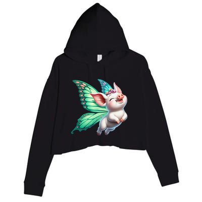 Happy Flying Pig With Butterfly Wings Fly Pig Lovers Crop Fleece Hoodie