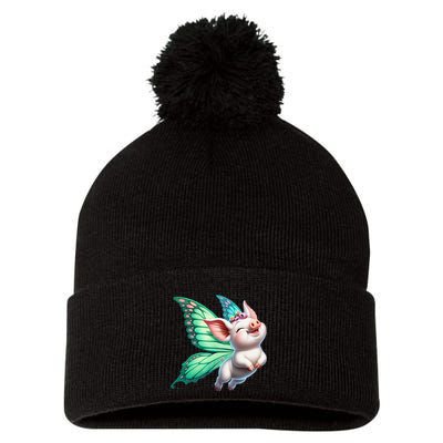 Happy Flying Pig With Butterfly Wings Fly Pig Lovers Pom Pom 12in Knit Beanie