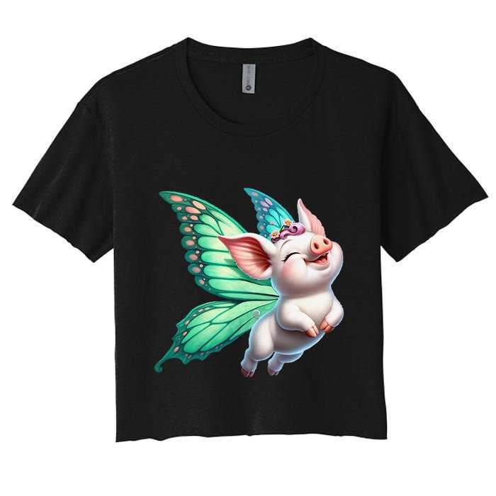 Happy Flying Pig With Butterfly Wings Fly Pig Lovers Crop Top