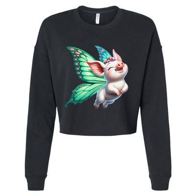 Happy Flying Pig With Butterfly Wings Fly Pig Lovers Cropped Pullover Crew