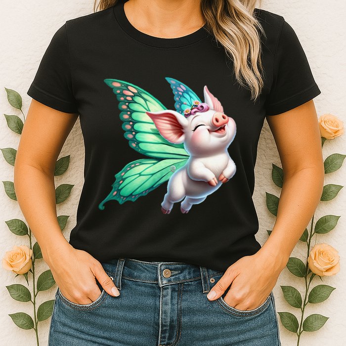 Happy Flying Pig With Butterfly Wings Fly Pig Lovers Womens T-Shirt