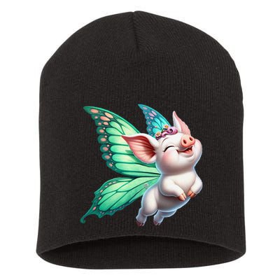 Happy Flying Pig With Butterfly Wings Fly Pig Lovers Short Acrylic Beanie