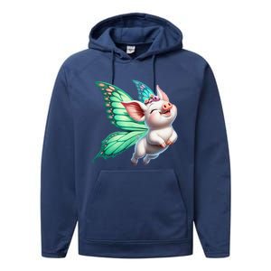 Happy Flying Pig With Butterfly Wings Fly Pig Lovers Performance Fleece Hoodie