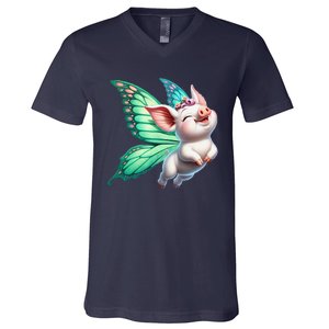 Happy Flying Pig With Butterfly Wings Fly Pig Lovers V-Neck T-Shirt