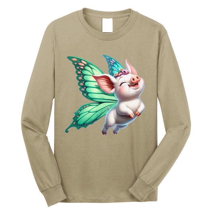 Happy Flying Pig With Butterfly Wings Fly Pig Lovers Long Sleeve Shirt