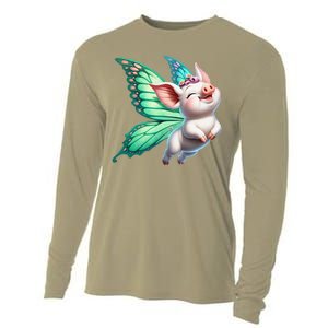 Happy Flying Pig With Butterfly Wings Fly Pig Lovers Cooling Performance Long Sleeve Crew