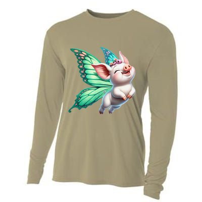 Happy Flying Pig With Butterfly Wings Fly Pig Lovers Cooling Performance Long Sleeve Crew