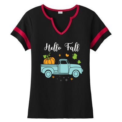 Hello Fall Pumpkin Vintage Truck Ladies Halftime Notch Neck Tee