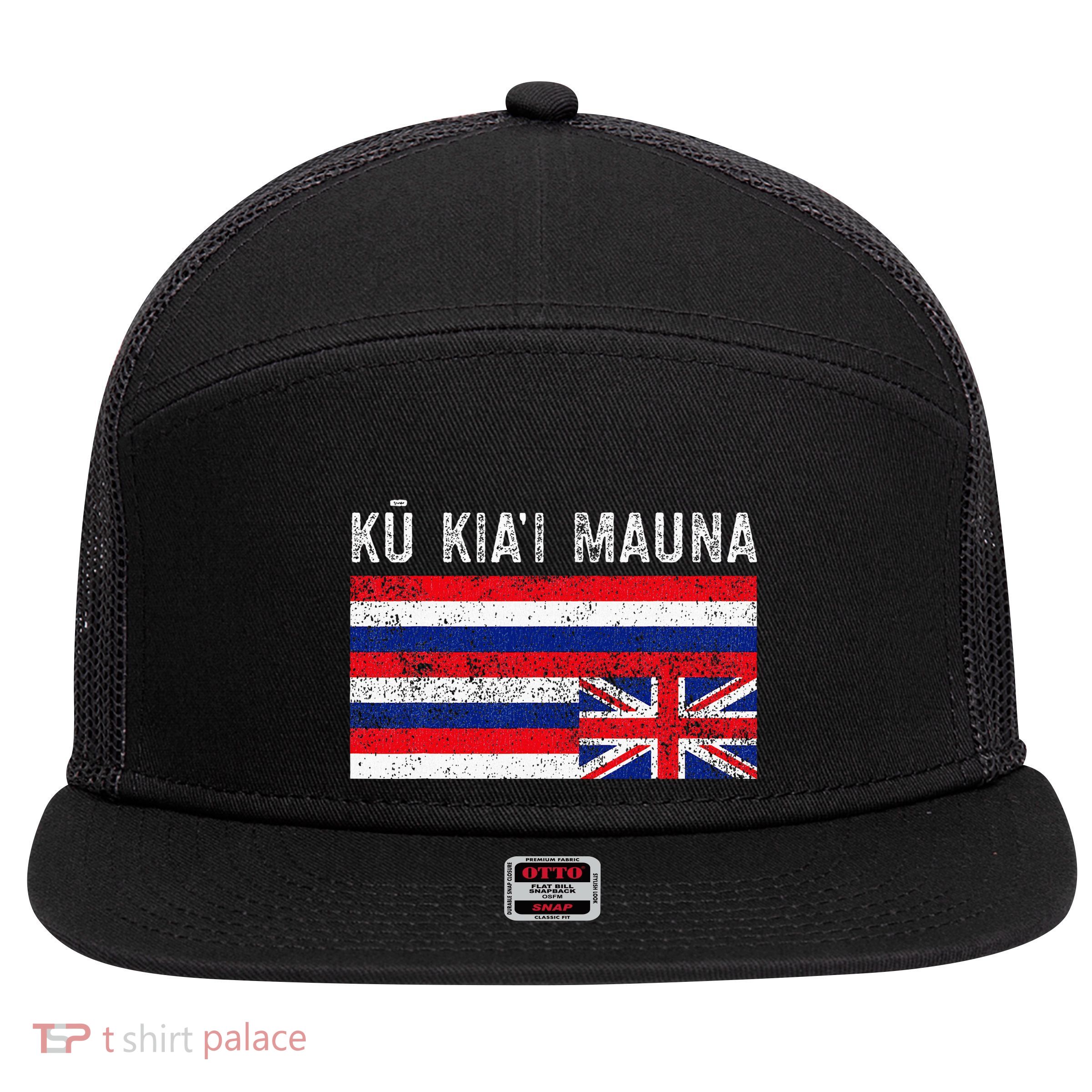 Hawaiian Flag Protest Protect Mauna Kea Ku Kiai Mauna 7 Panel Mesh Trucker Snapback Hat