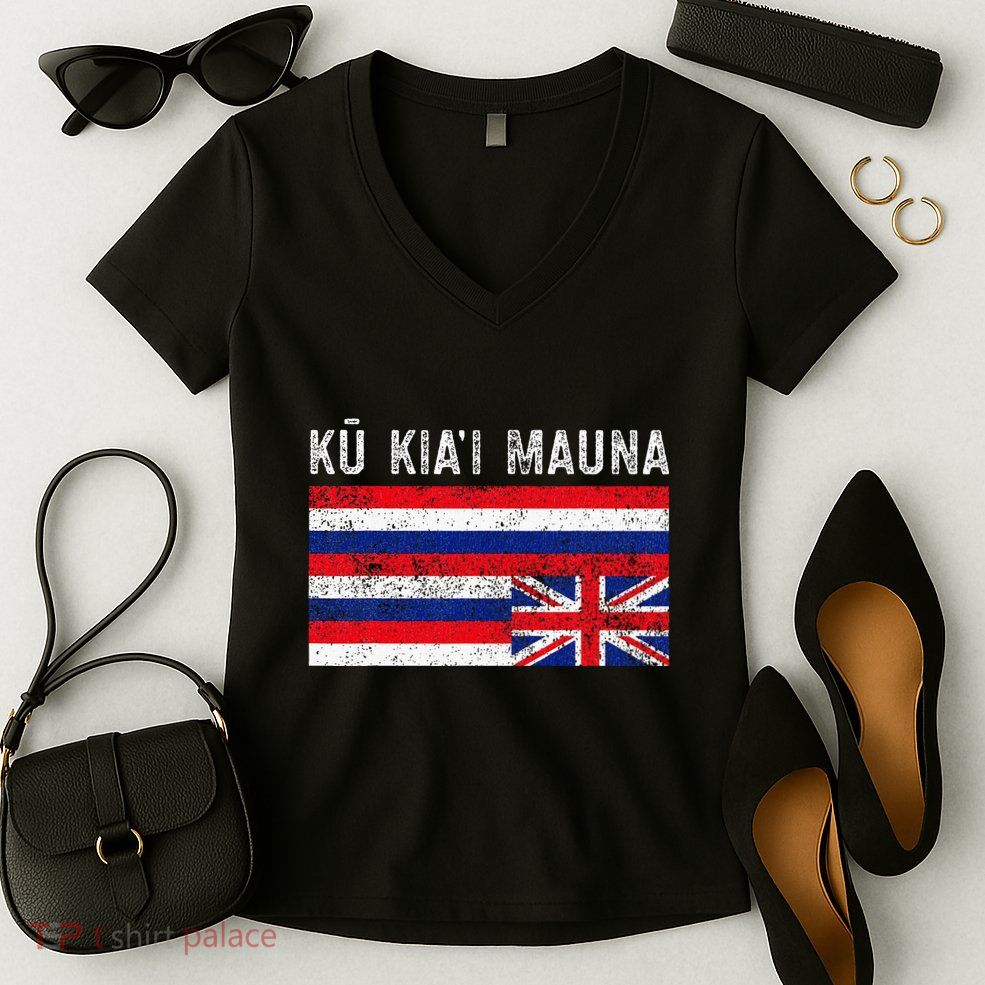 Hawaiian Flag Protest Protect Mauna Kea Ku Kiai Mauna Women's V-Neck T-Shirt