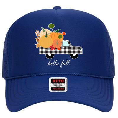 Hello Fall Pumpkin Patch Vintage Truck High Crown Mesh Back Trucker Hat