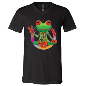 Hippie Frog Peace Sign Yoga Frogs Hippies 70s V-Neck T-Shirt