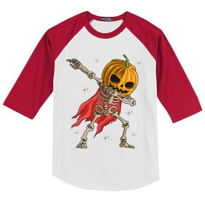 Halloween Funny Pumpkin Head Dabbing Skeleton Jack O Lantern Gift Kids Colorblock Raglan Jersey