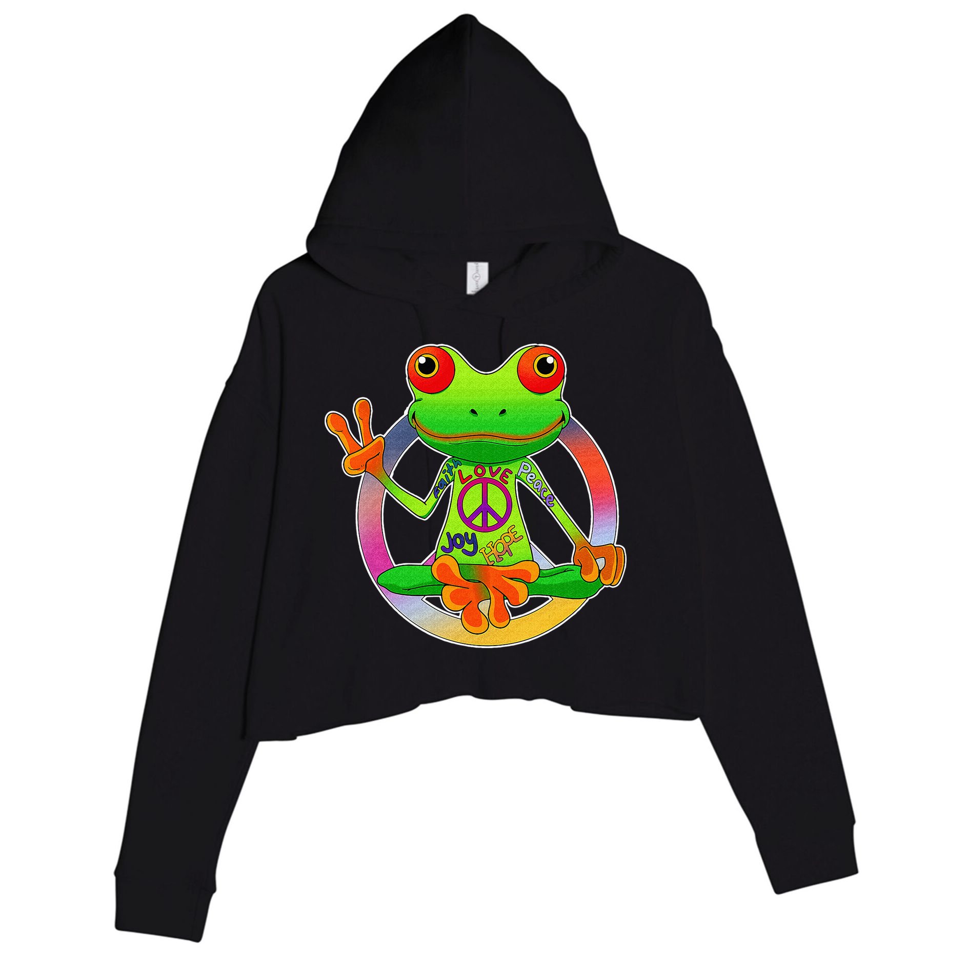 Hippie Frog Peace Sign Yoga Frogs Hippies 70s Crop Fleece Hoodie