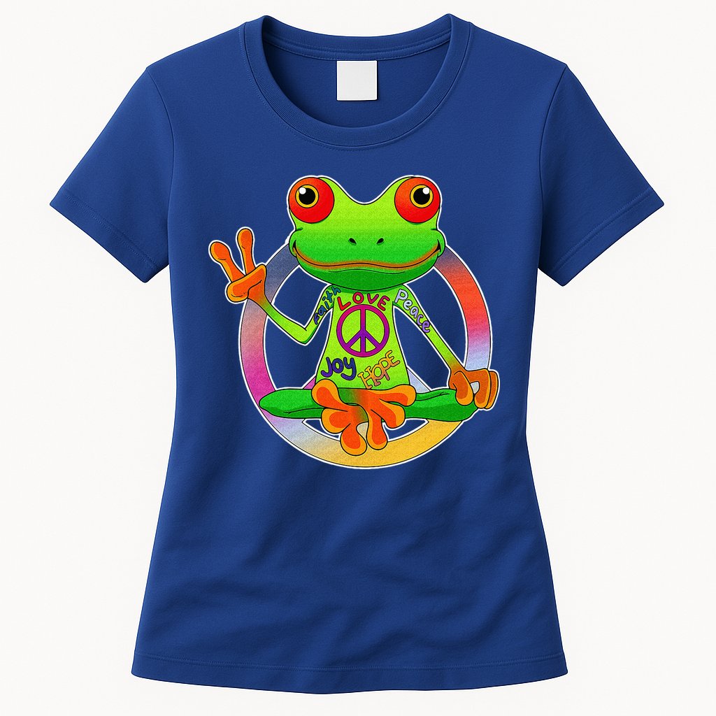 Hippie Frog Peace Sign Yoga Frogs Hippies 70s Womens T-Shirt