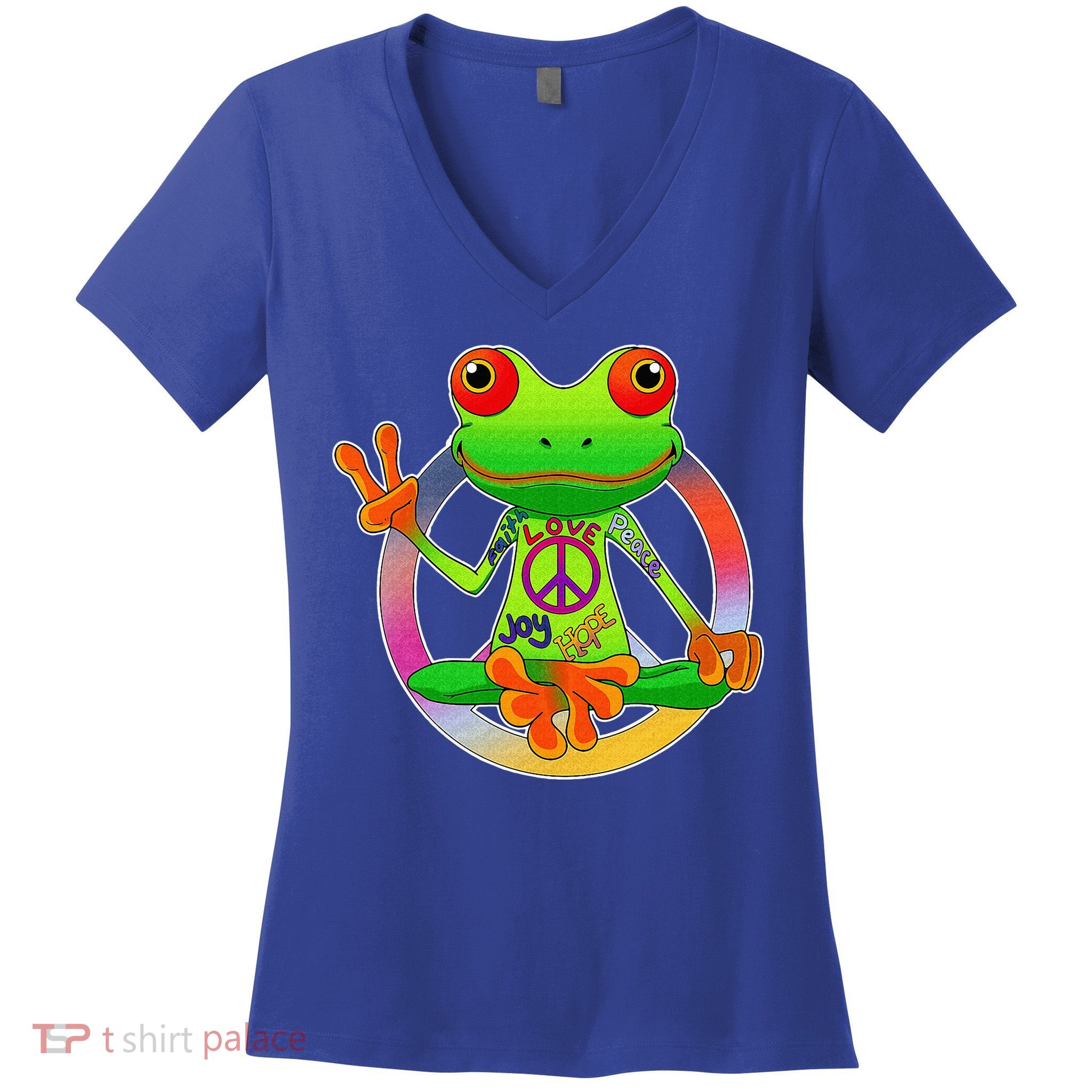 Hippie Frog Peace Sign Yoga Frogs Hippies 70s Women's V-Neck T-Shirt