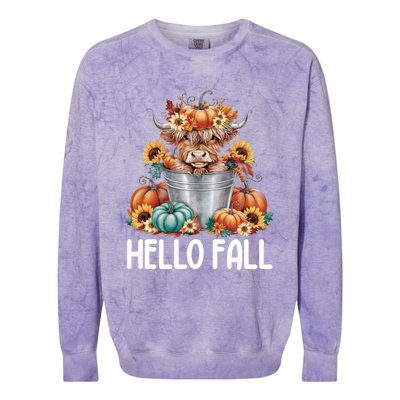 Hello Fall Pumpkin Highland Cow Harvest Season Autumn Cute Gift Colorblast Crewneck Sweatshirt