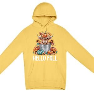 Hello Fall Pumpkin Highland Cow Harvest Season Autumn Cute Gift Premium Pullover Hoodie