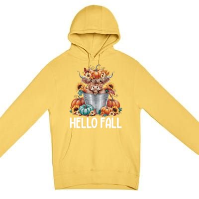 Hello Fall Pumpkin Highland Cow Harvest Season Autumn Cute Gift Premium Pullover Hoodie