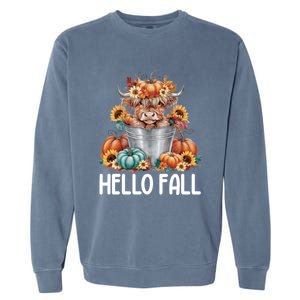 Hello Fall Pumpkin Highland Cow Harvest Season Autumn Cute Gift Garment-Dyed Sweatshirt