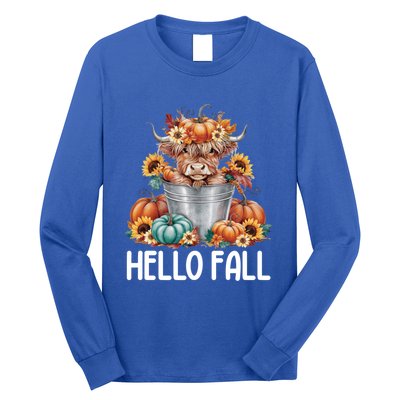 Hello Fall Pumpkin Highland Cow Harvest Season Autumn Cute Gift Long Sleeve Shirt