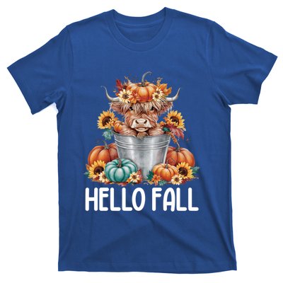 Hello Fall Pumpkin Highland Cow Harvest Season Autumn Cute Gift T-Shirt