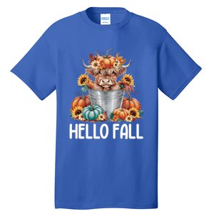 Hello Fall Pumpkin Highland Cow Harvest Season Autumn Cute Gift Tall T-Shirt