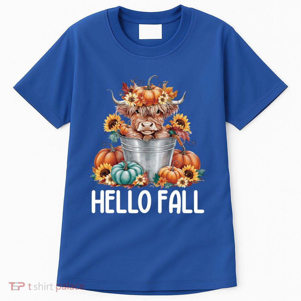 Hello Fall Pumpkin Highland Cow Harvest Season Autumn Cute Gift Tall T-Shirt