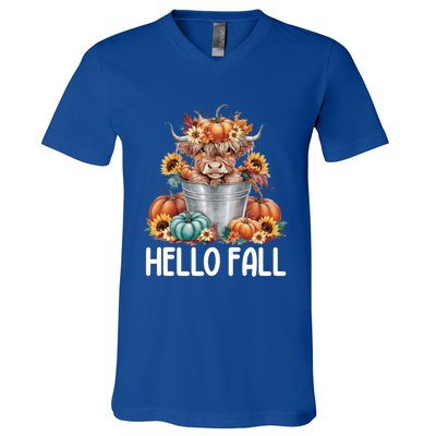 Hello Fall Pumpkin Highland Cow Harvest Season Autumn Cute Gift V-Neck T-Shirt