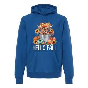 Hello Fall Pumpkin Highland Cow Harvest Season Autumn Cute Gift Premium Hoodie