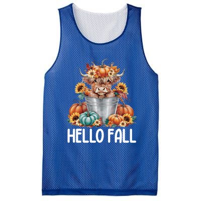 Hello Fall Pumpkin Highland Cow Harvest Season Autumn Cute Gift Mesh Reversible Basketball Jersey Tank