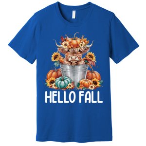 Hello Fall Pumpkin Highland Cow Harvest Season Autumn Cute Gift Premium T-Shirt