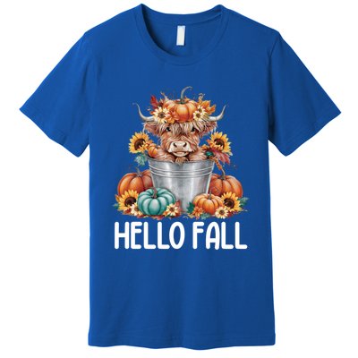 Hello Fall Pumpkin Highland Cow Harvest Season Autumn Cute Gift Premium T-Shirt