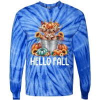 Hello Fall Pumpkin Highland Cow Harvest Season Autumn Cute Gift Tie-Dye Long Sleeve Shirt