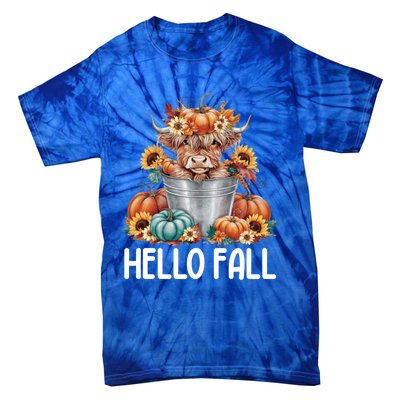 Hello Fall Pumpkin Highland Cow Harvest Season Autumn Cute Gift Tie-Dye T-Shirt