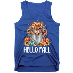 Hello Fall Pumpkin Highland Cow Harvest Season Autumn Cute Gift Tank Top