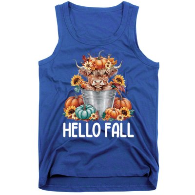 Hello Fall Pumpkin Highland Cow Harvest Season Autumn Cute Gift Tank Top