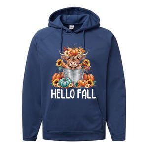 Hello Fall Pumpkin Highland Cow Harvest Season Autumn Cute Gift Performance Fleece Hoodie