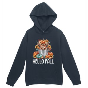 Hello Fall Pumpkin Highland Cow Harvest Season Autumn Cute Gift Urban Pullover Hoodie