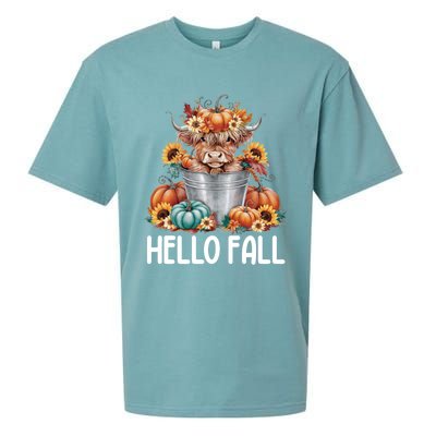 Hello Fall Pumpkin Highland Cow Harvest Season Autumn Cute Gift Sueded Cloud Jersey T-Shirt