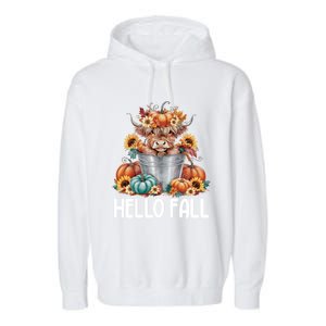 Hello Fall Pumpkin Highland Cow Harvest Season Autumn Cute Gift Garment-Dyed Fleece Hoodie