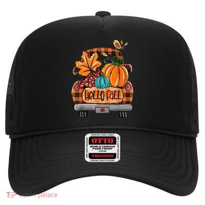 Hello Fall Pumpkin Truck Cute High Crown Mesh Back Trucker Hat