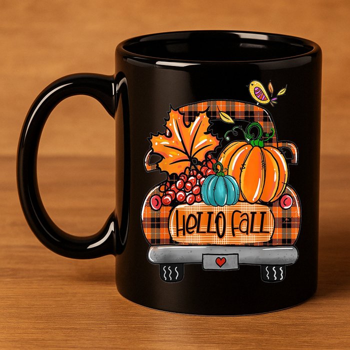 Hello Fall Pumpkin Truck Cute 11oz C Handle Ceramic Mug