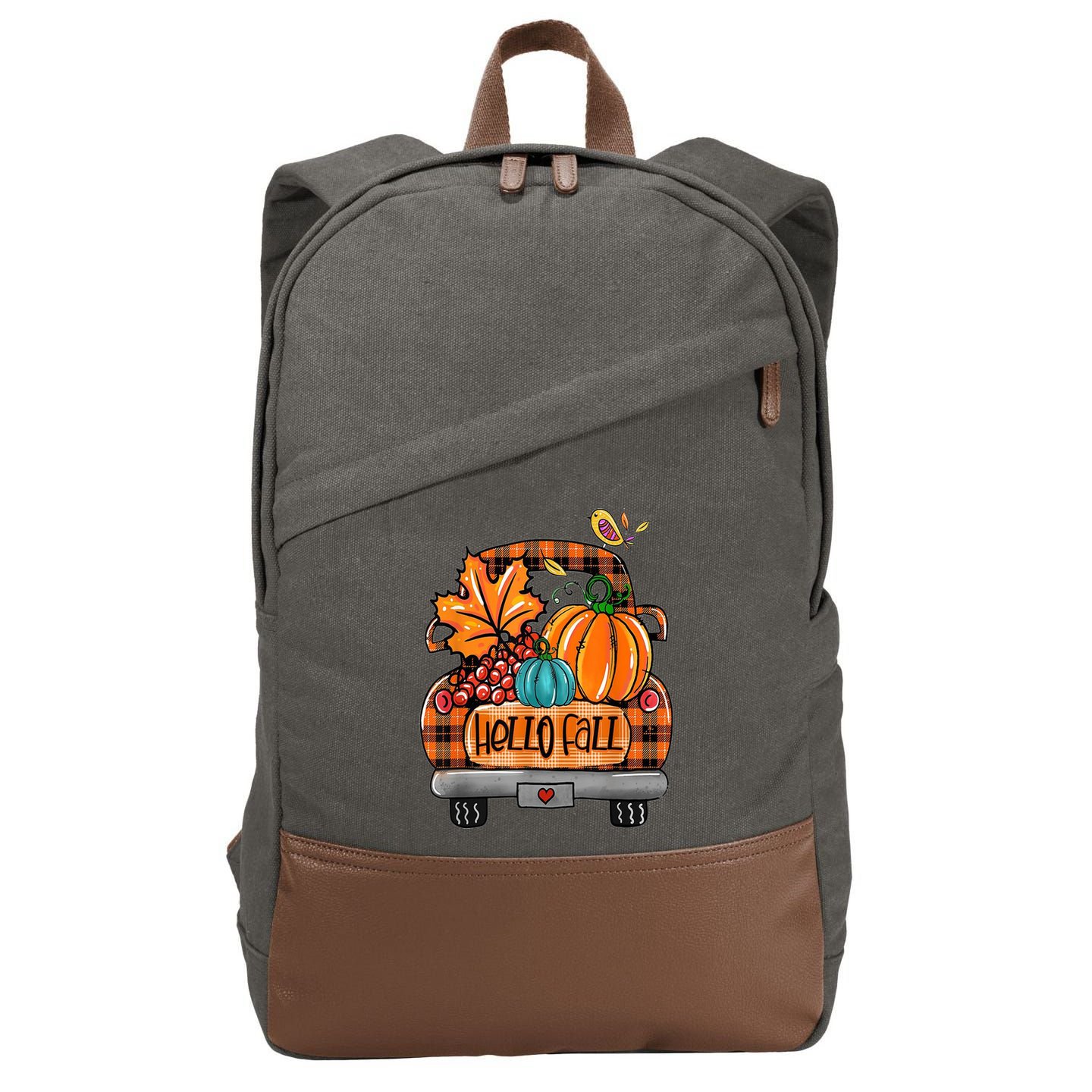 Hello Fall Pumpkin Truck Cute Cotton Canvas Backpack