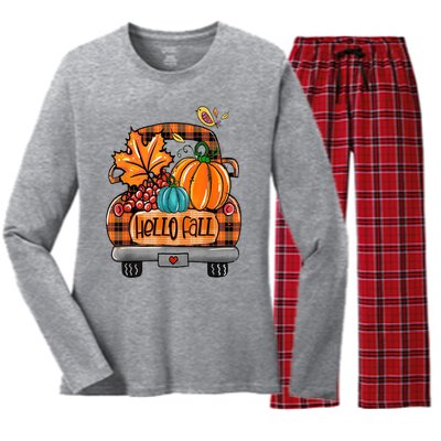 Hello Fall Pumpkin Truck Cute Women's Long Sleeve Flannel Pajama Set 