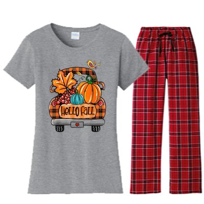 Hello Fall Pumpkin Truck Cute Women's Flannel Pajama Set