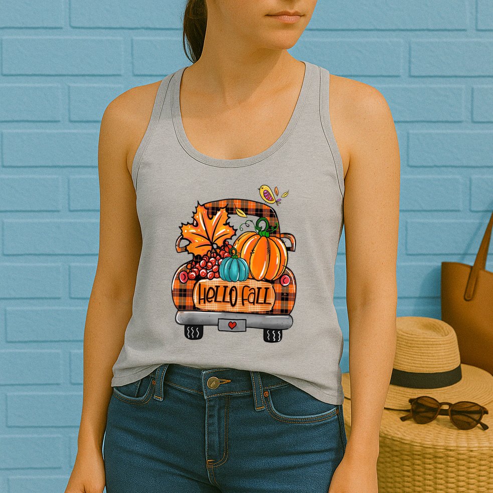Hello Fall Pumpkin Truck Cute Womens Tank Top