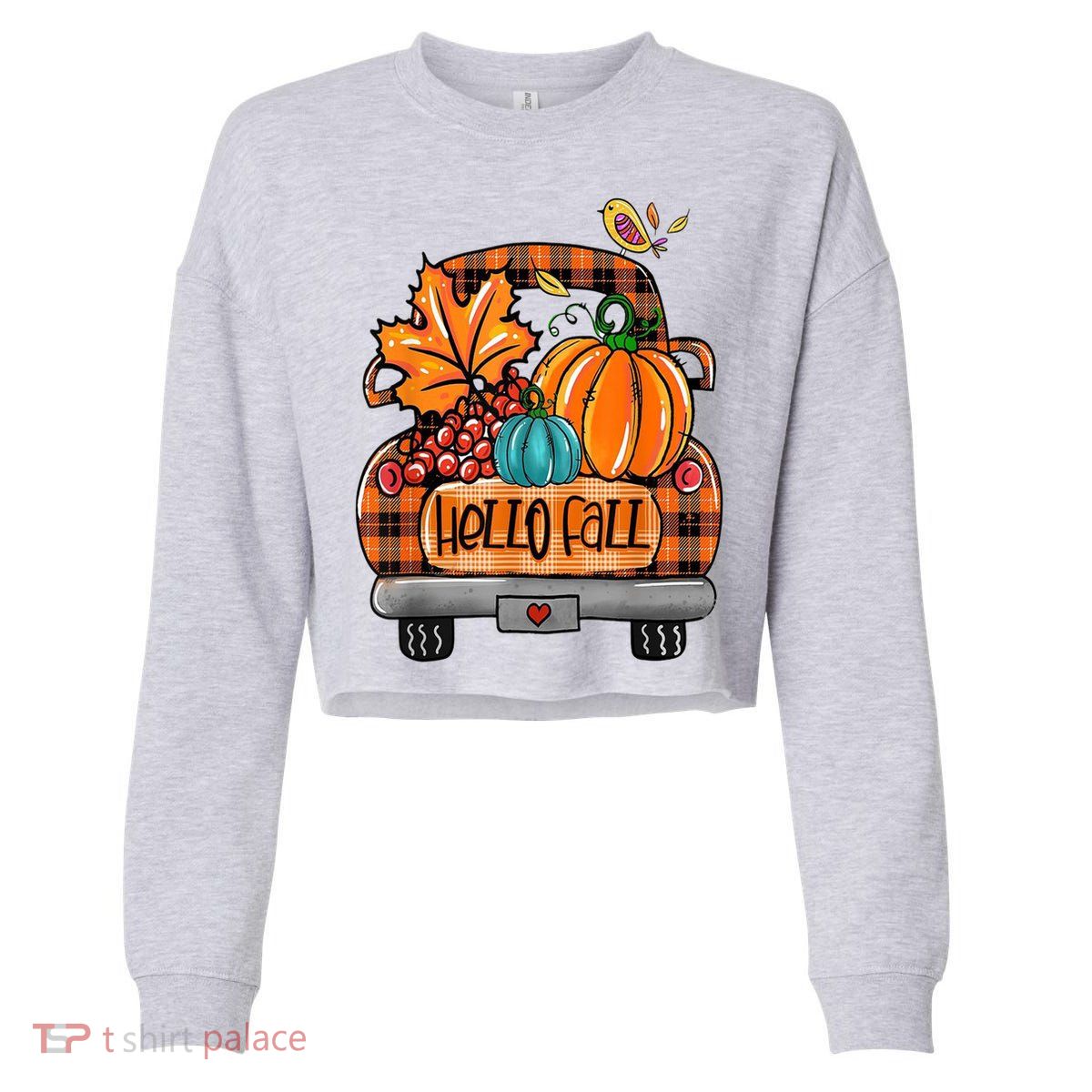 Hello Fall Pumpkin Truck Cute Cropped Pullover Crew